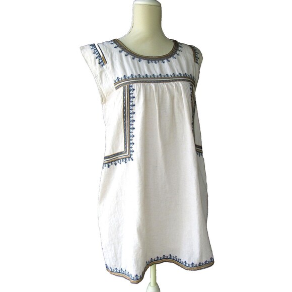 World Market Women S/M Cotton Linen Tunic Mini Dress Embroidered Boho Chic Ivory - Picture 1 of 11
